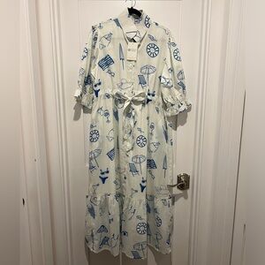 Holly Shae Catherine Blue and White Printed Button-Front Women's Midi Dress